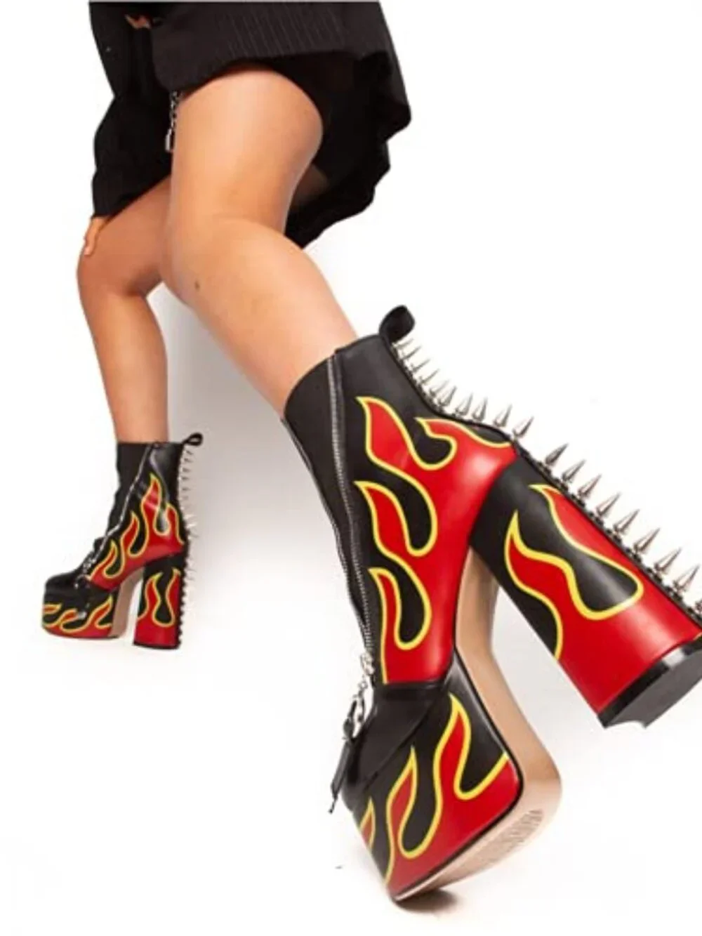 Faux Leather High Heel Ankle Boots with Metal Zipper and Rivets